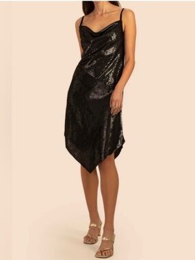 Trina Turk Geometric Dress Asymmetric Hem Metallic Stripe Black Cocktail Small